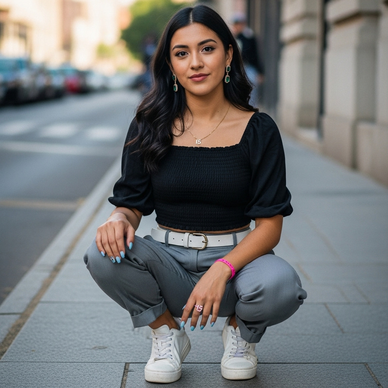 Stylish Hispanic Woman with Long Black Hair, Semi-Slim Figure, Oriental Eyes, & Pastel Blue Nails Stylish Hispanic Woman with Long Black Hair, Semi-Slim Figure, Oriental Eyes, & Pastel Blue Nails