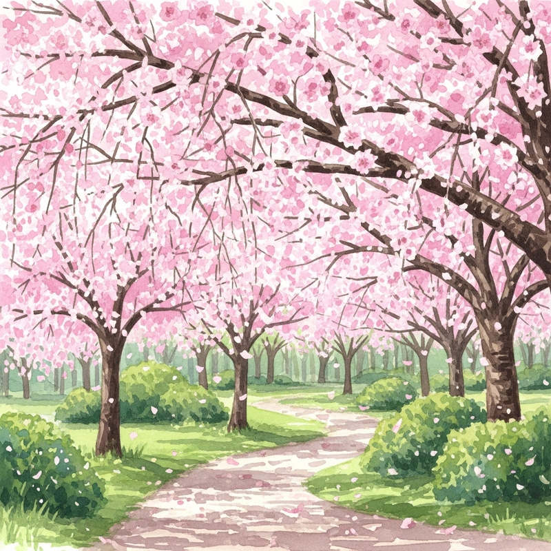 Tranquil Cherry Blossoms Watercolor Painting Tranquil Cherry Blossoms Watercolor Painting