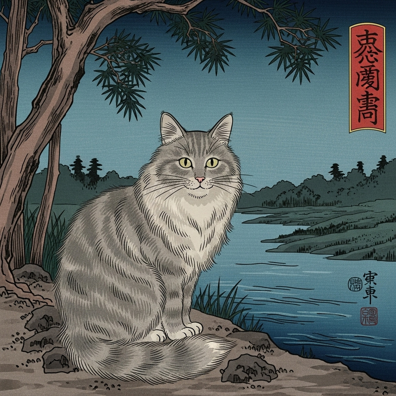 Ghostly Fluffy Grey Cat by River - Traditional Japanese Moonlit Night Art Ghostly Fluffy Grey Cat by River - Traditional Japanese Moonlit Night Art