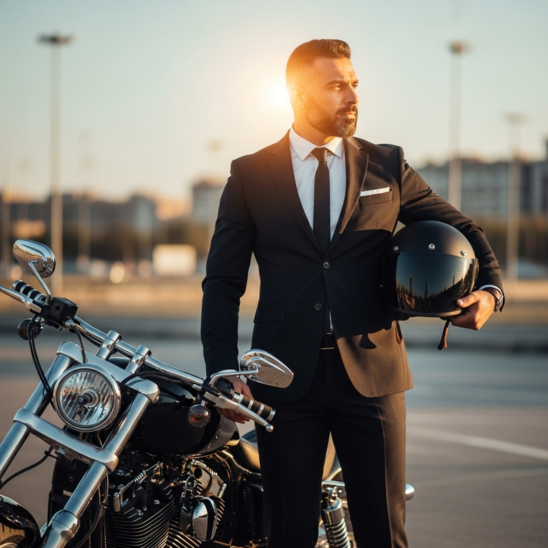 Middle-Eastern Biker Standing in Suit and Helmet - Facing Right Middle-Eastern Biker Standing in Suit and Helmet - Facing Right