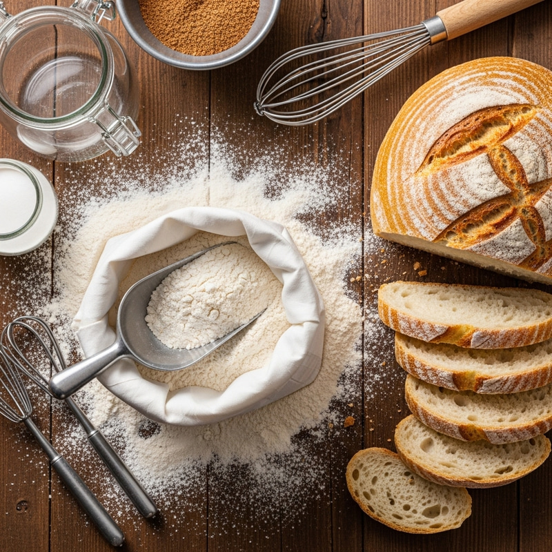 Enchanting Flour and Bread Scene: Baking Delights on Wooden Table Enchanting Flour and Bread Scene: Baking Delights on Wooden Table