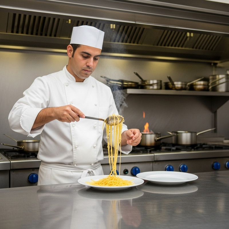 Hispanic Chef Cooking Spaghetti In Commercial Kitchen Hispanic Chef Cooking Spaghetti In Commercial Kitchen