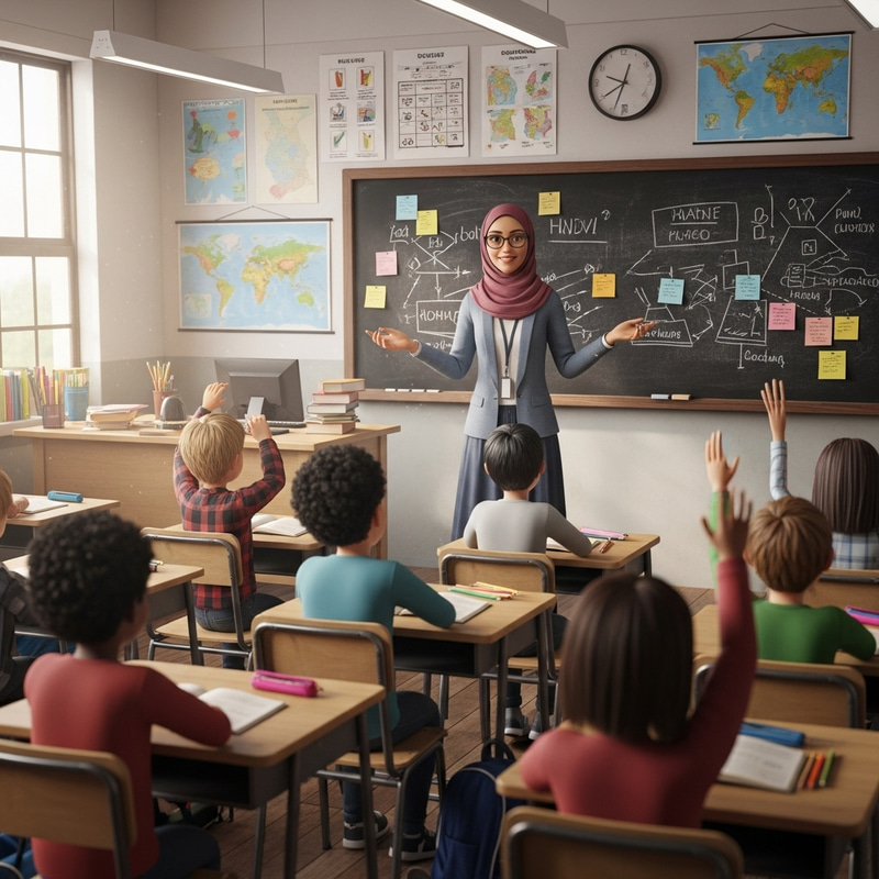 Passionate Woman Teacher in Hijab Teaching in 3D Classroom