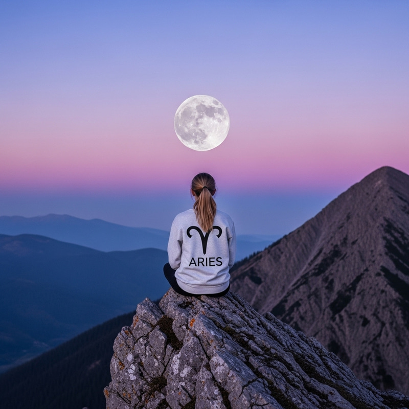 Caucasian Girl in Aries Sweatshirt on Mountain Gazing at Full Moon