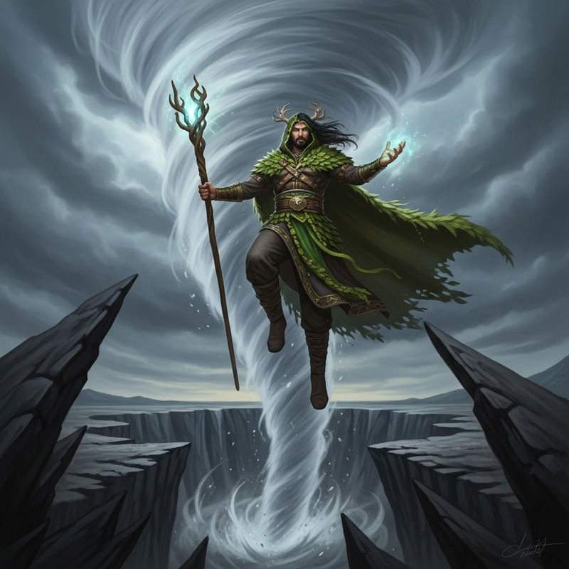 Male Druid Soaring on Tornado - Mystical Cliff Scene Male Druid Soaring on Tornado - Mystical Cliff Scene