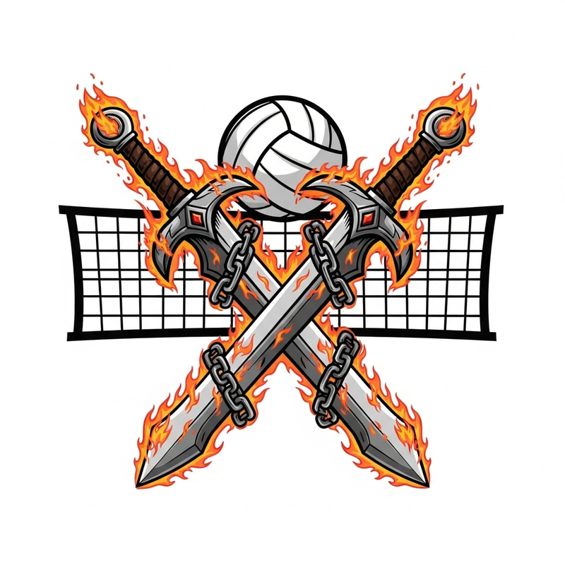 Chaos Blades Volleyball Team Logo Design with Fiery Swords Chaos Blades Volleyball Team Logo Design with Fiery Swords