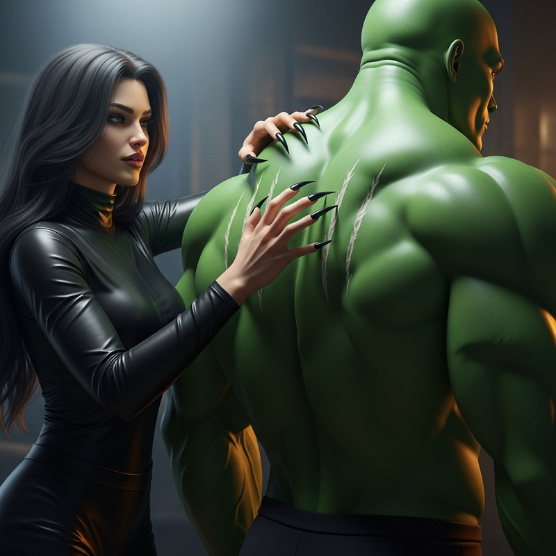 Woman with Cat-Like Nails Scratching Green Humanoid's Back Woman with Cat-Like Nails Scratching Green Humanoid's Back