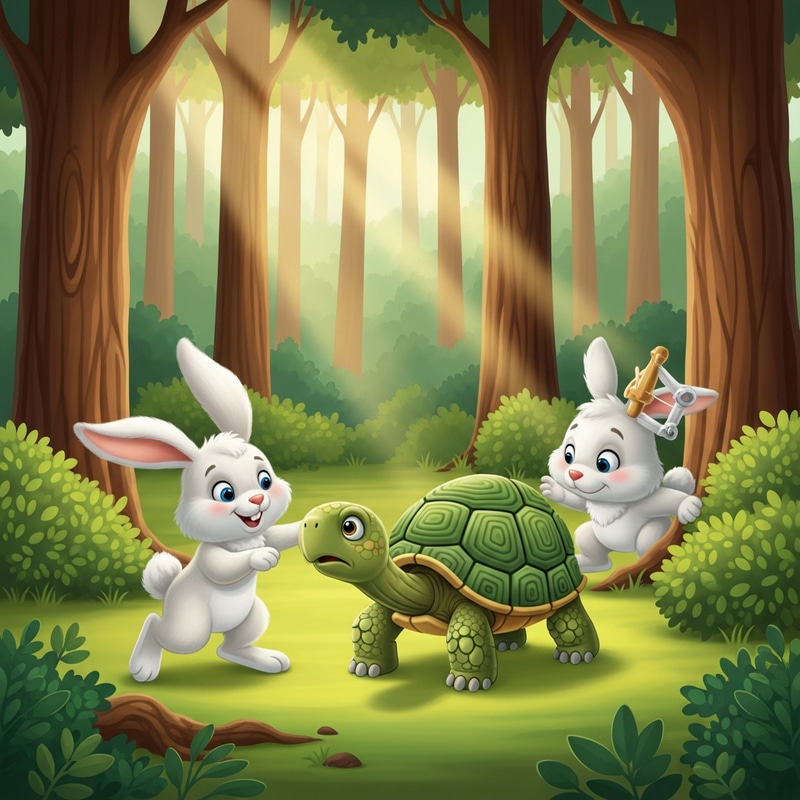 Cheerful Bunny Playfully Tricks Green Tortoise in Forest Setting Cheerful Bunny Playfully Tricks Green Tortoise in Forest Setting