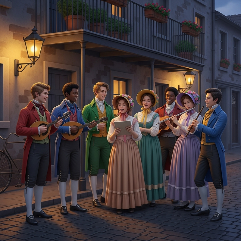 19th Century Student Music Group Serenading Under Balcony on Cobblestone Street 19th Century Student Music Group Serenading Under Balcony on Cobblestone Street
