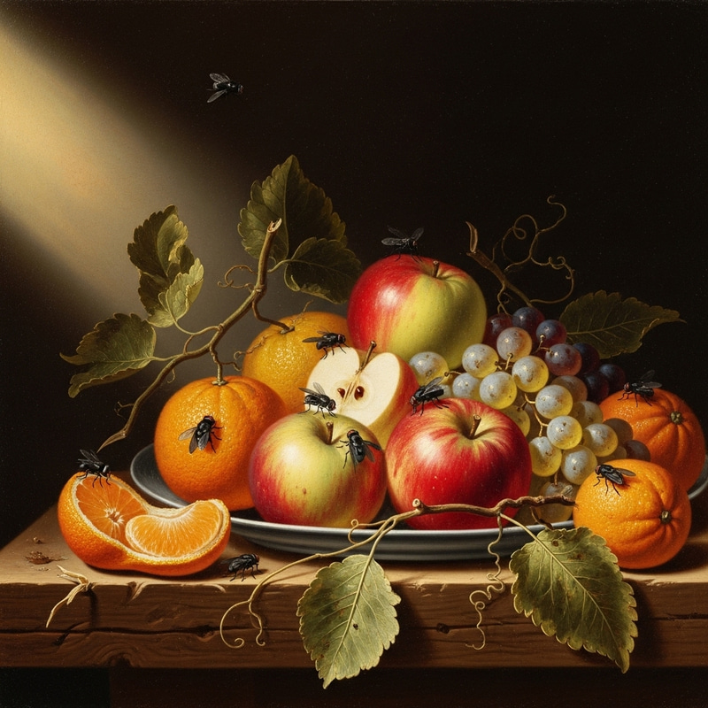 Bodegón Fruits with Flies - Artistic Still Life Image