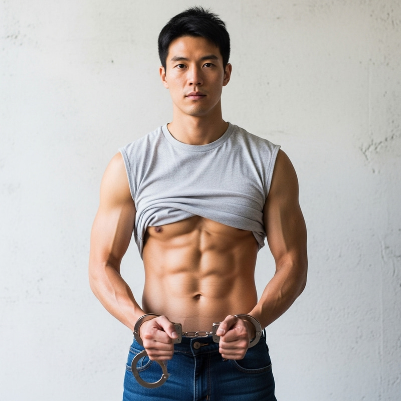 Handcuffed Six-Pack: Muscular Asian Man Displaying Abs Handcuffed Six-Pack: Muscular Asian Man Displaying Abs