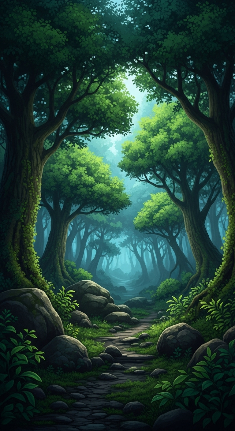Enchanting Fantasy Forest with Lush Foliage and Giant Stones Enchanting Fantasy Forest with Lush Foliage and Giant Stones