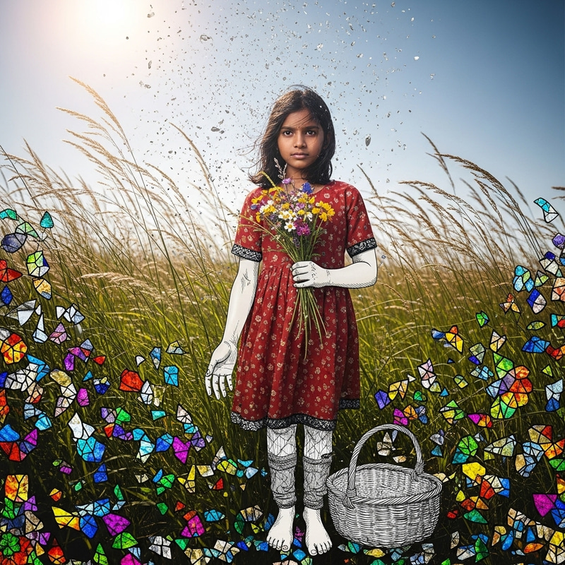 Insanely Detailed Mixed Media Photography of Blooming Meadow with Girl and Stained Glass Elements