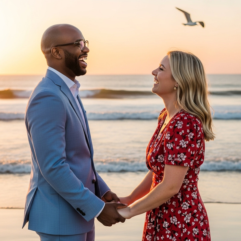 Heartwarming Moment: Multicultural Couple Embracing on Beach Heartwarming Moment: Multicultural Couple Embracing on Beach