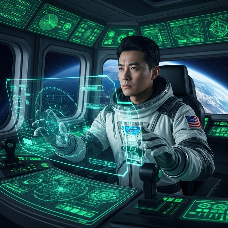 Determined Asian Astronaut Navigating Cosmos in Hi-Tech Spacecraft Determined Asian Astronaut Navigating Cosmos in Hi-Tech Spacecraft