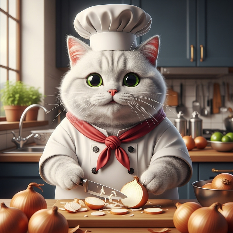 Chubby White British Cat Chef Cutting Onions in Kitchen Chubby White British Cat Chef Cutting Onions in Kitchen