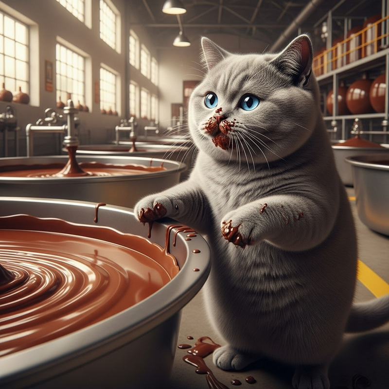 Adorable British Grey Cat in Chocolate Factory