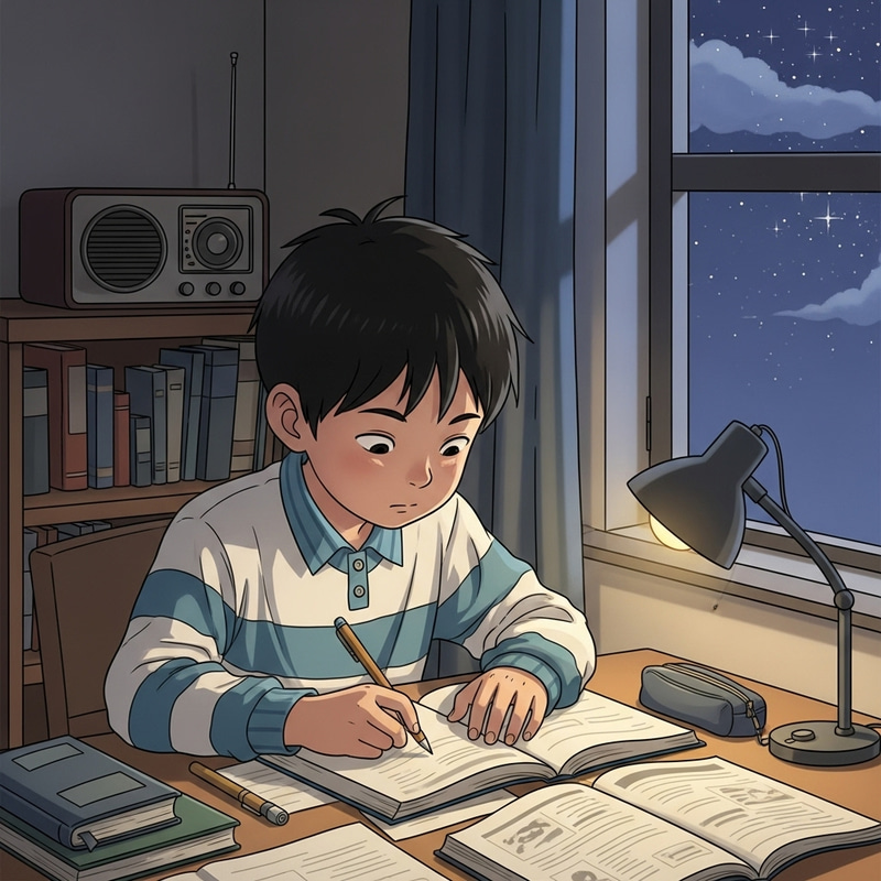 Boy Studying in Room with Night Sky Music Boy Studying in Room with Night Sky Music