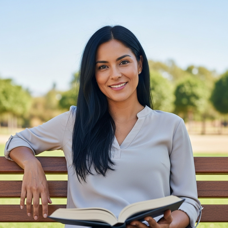 Photorealistic Hispanic Woman with Book - Serene Park Bench Scene Photorealistic Hispanic Woman with Book - Serene Park Bench Scene