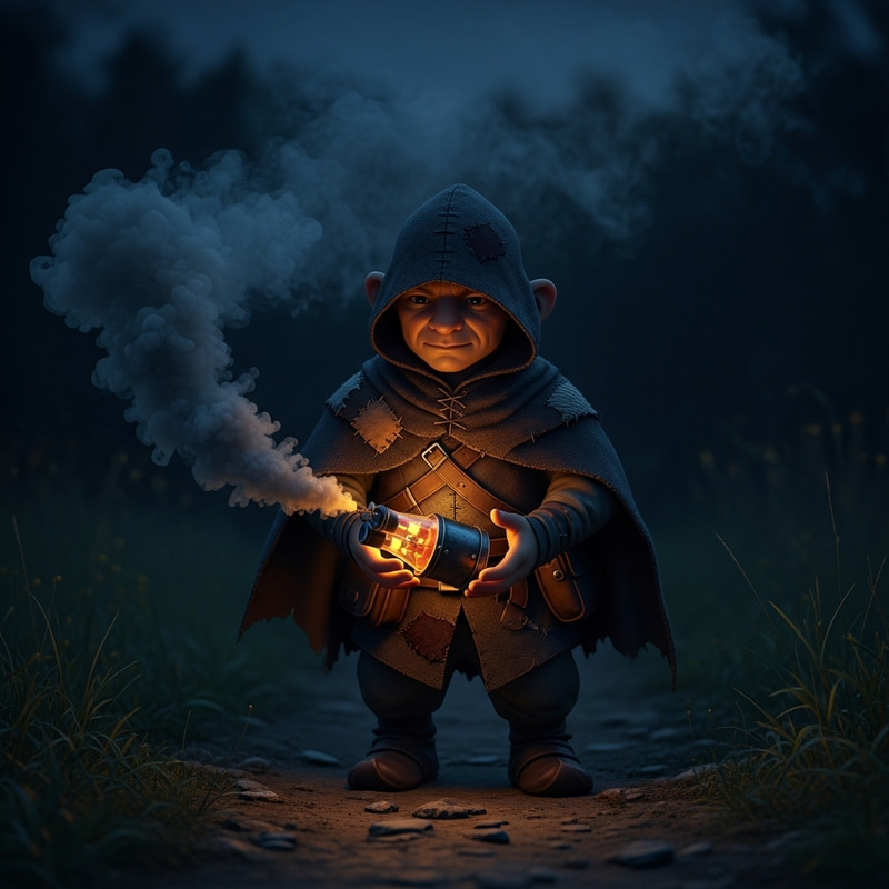 Halfling Thief Clutching Smoke Bomb in Night Halfling Thief Clutching Smoke Bomb in Night