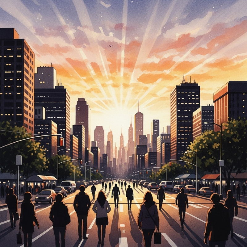 Watercolor Sunrise Over a Bustling City Watercolor Sunrise Over a Bustling City