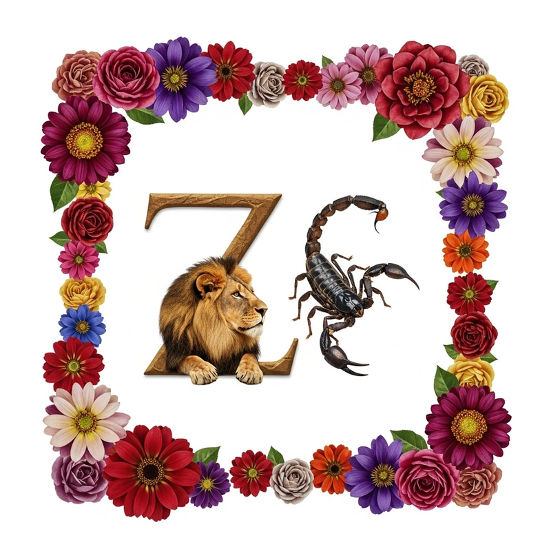 Lion and Scorpion Unlikely Love Scene in Flower Frame Lion and Scorpion Unlikely Love Scene in Flower Frame