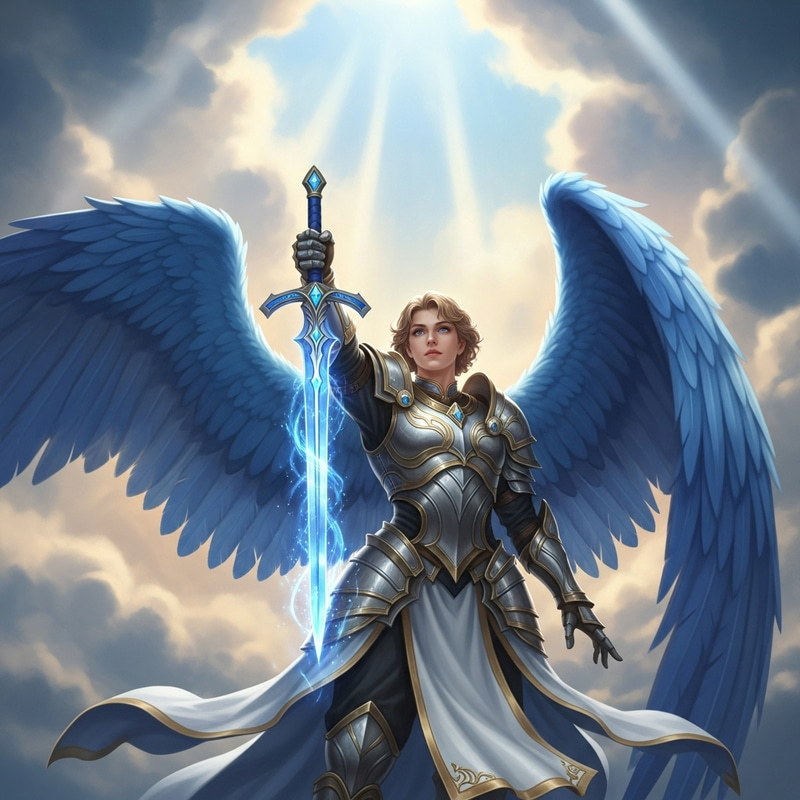 Blue-Winged Archangel With Beautiful Angelic Face and Sword