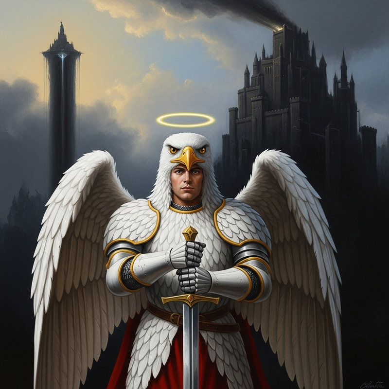 Expressive Knight in White Armor Oil Painting with Eagle Helmet