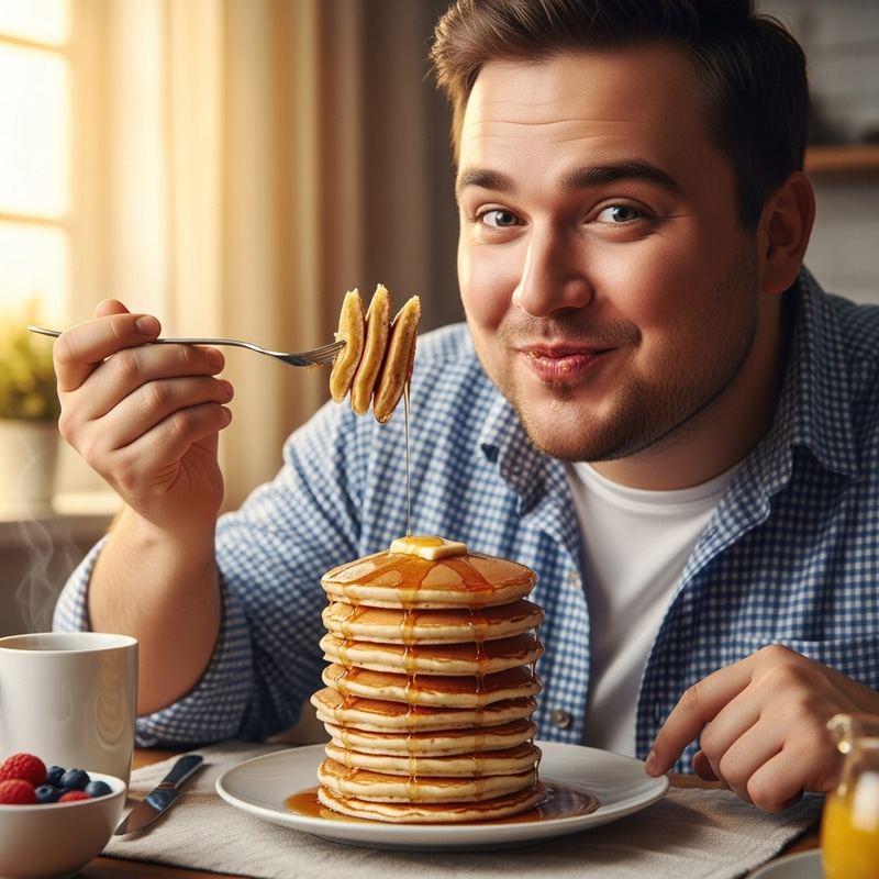 Chubby Person Eating Pancakes - Delightful Breakfast Moment Chubby Person Eating Pancakes - Delightful Breakfast Moment