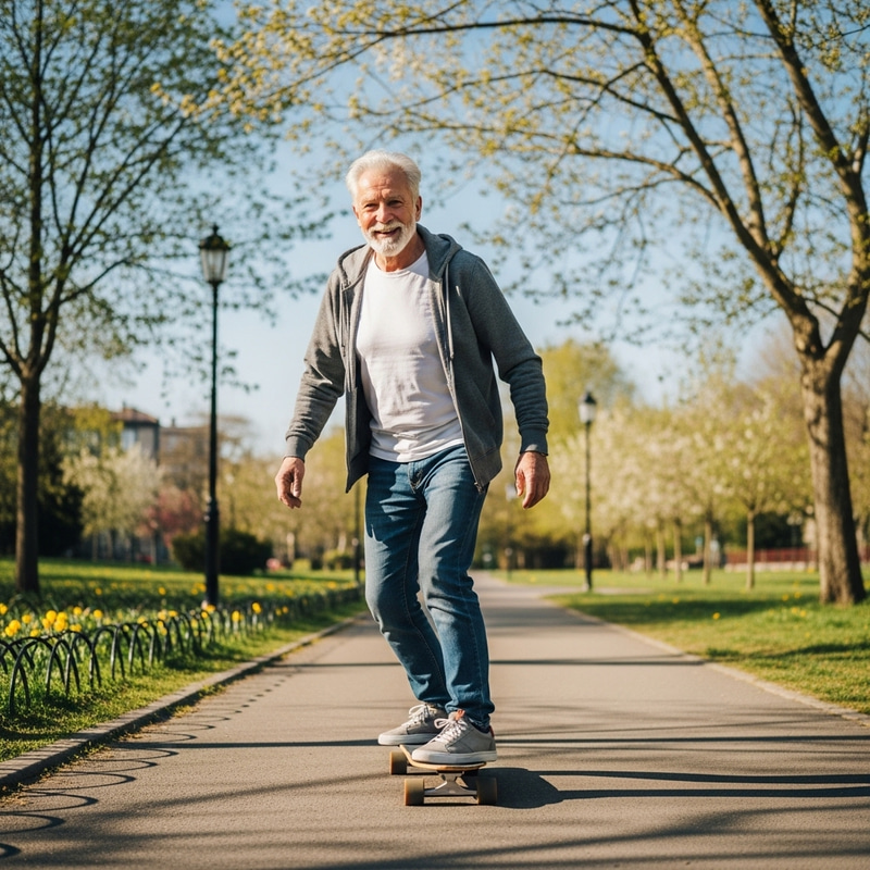 Elderly Man Skateboarding Through Vibrant City Park Elderly Man Skateboarding Through Vibrant City Park