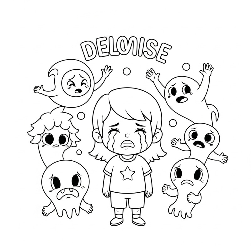 Crying Child Surrounded by Death in Cartoon Drawing Crying Child Surrounded by Death in Cartoon Drawing