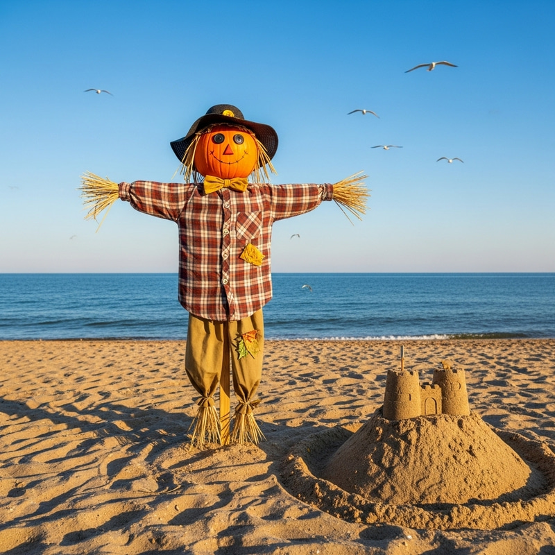 Scarecrow on the Beach: A Serene Field Agriculture and Coastal Relaxation