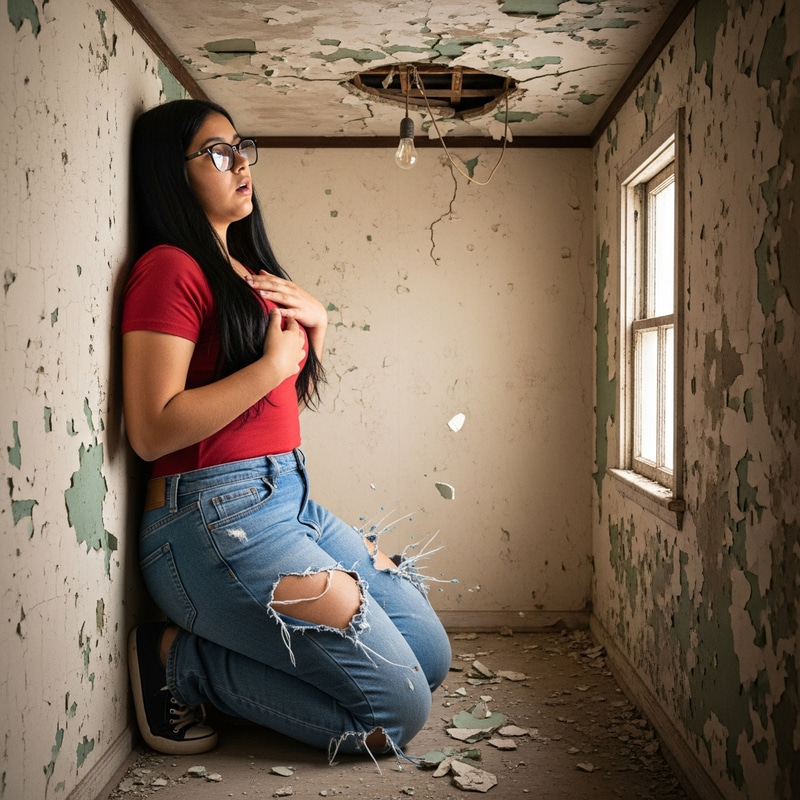 Giant Girl in Cramped Room: Squeezed Between Walls Giant Girl in Cramped Room: Squeezed Between Walls