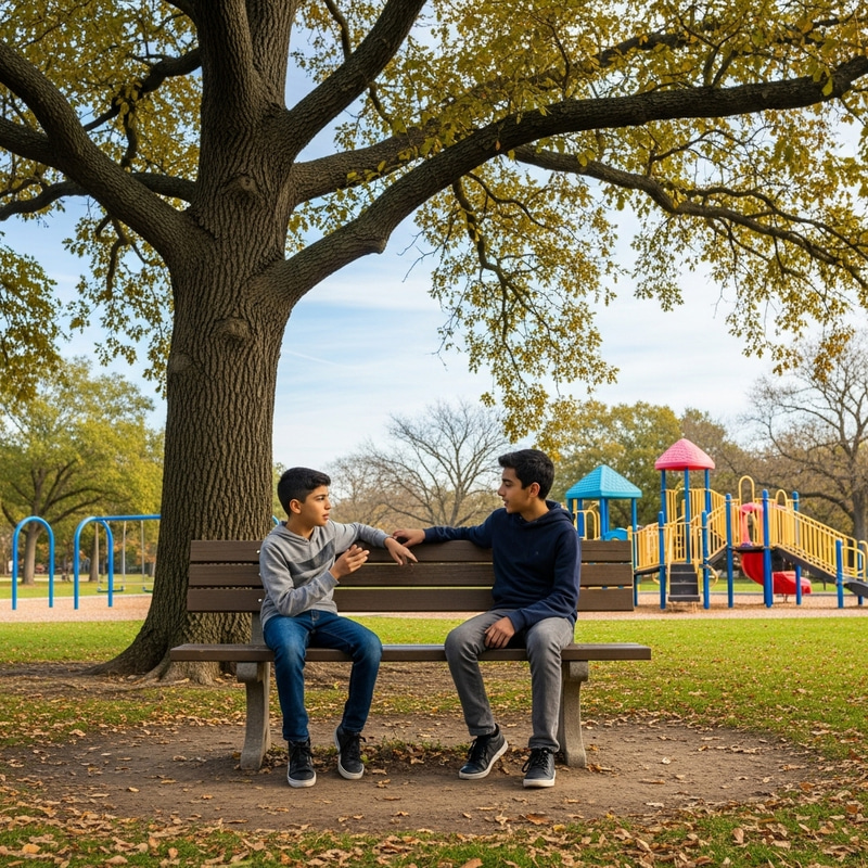 Two Boys Engaged in Conversation at the Park Two Boys Engaged in Conversation at the Park