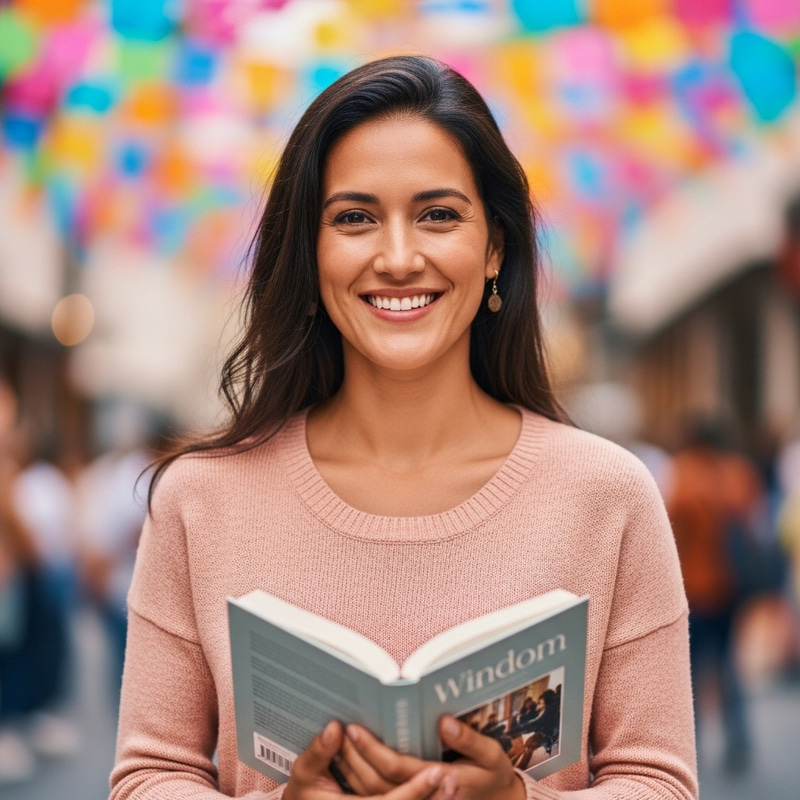 Trustworthy Woman Holding Book with Festive and Joyful Background Trustworthy Woman Holding Book with Festive and Joyful Background
