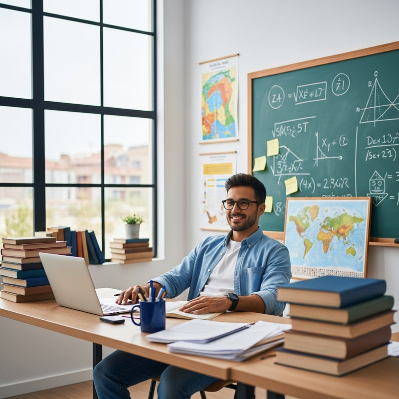 Relaxed Male Teacher in School Classroom Setting Relaxed Male Teacher in School Classroom Setting