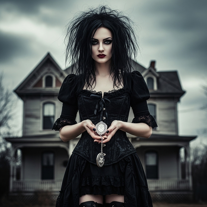 Gothic Young Woman in Black Corseted Dress Gothic Young Woman in Black Corseted Dress