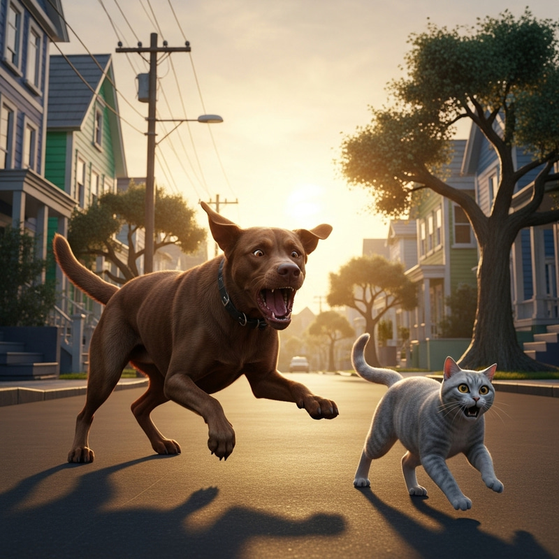 Intense Dog and Cat Chase in Urban Setting Intense Dog and Cat Chase in Urban Setting