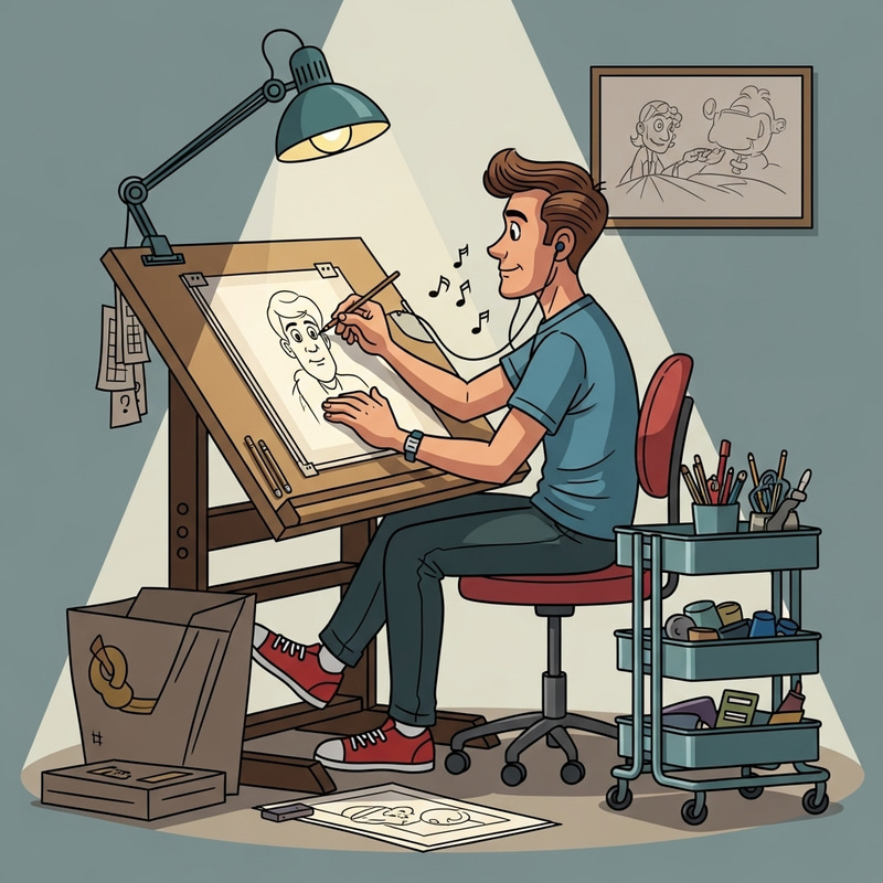 Male Cartoonist Drawing in 1950s Setting with Red Sneakers Male Cartoonist Drawing in 1950s Setting with Red Sneakers