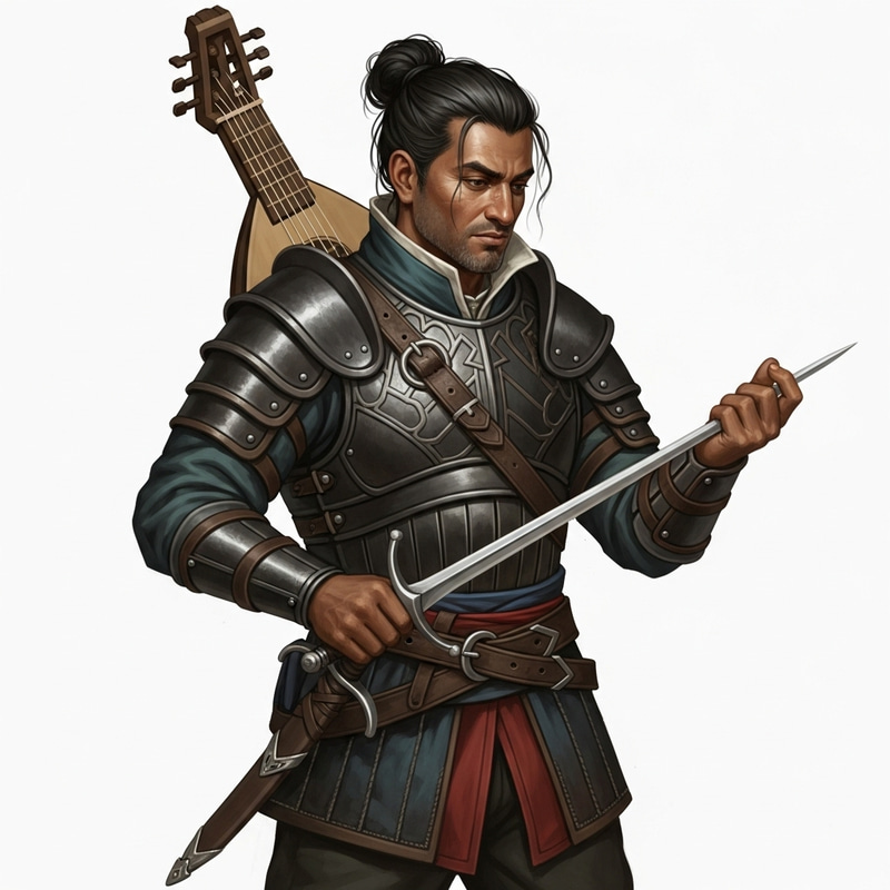 Male Bard with South Asian Descent: Leather Armor, Rapier, Lute