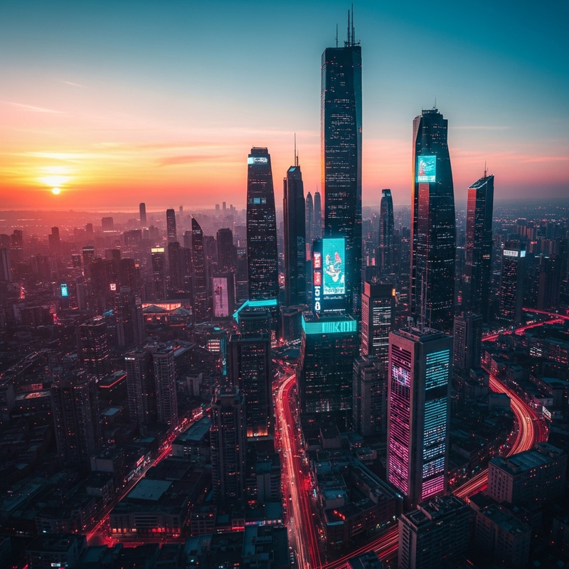 Neon Cyberpunk Cityscape at Sunset | Vibrant Skyline View Neon Cyberpunk Cityscape at Sunset | Vibrant Skyline View