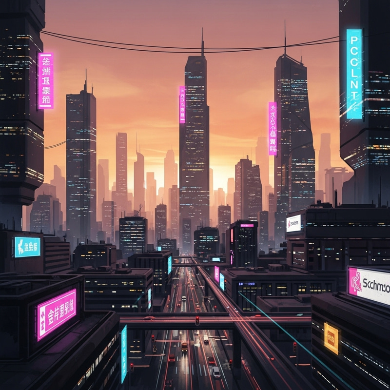 Glowing Cyberpunk Cityscape at Sunset - Digital Painting Glowing Cyberpunk Cityscape at Sunset - Digital Painting