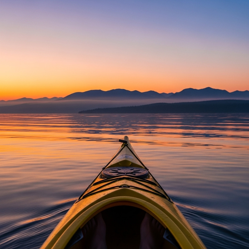 First Person View of Yellow Sea Kayak on Calm Water, Mountain Silhouettes First Person View of Yellow Sea Kayak on Calm Water, Mountain Silhouettes