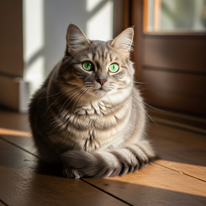 Curious Fluffy Cat with Bright Green Eyes on Wooden Floor Curious Fluffy Cat with Bright Green Eyes on Wooden Floor