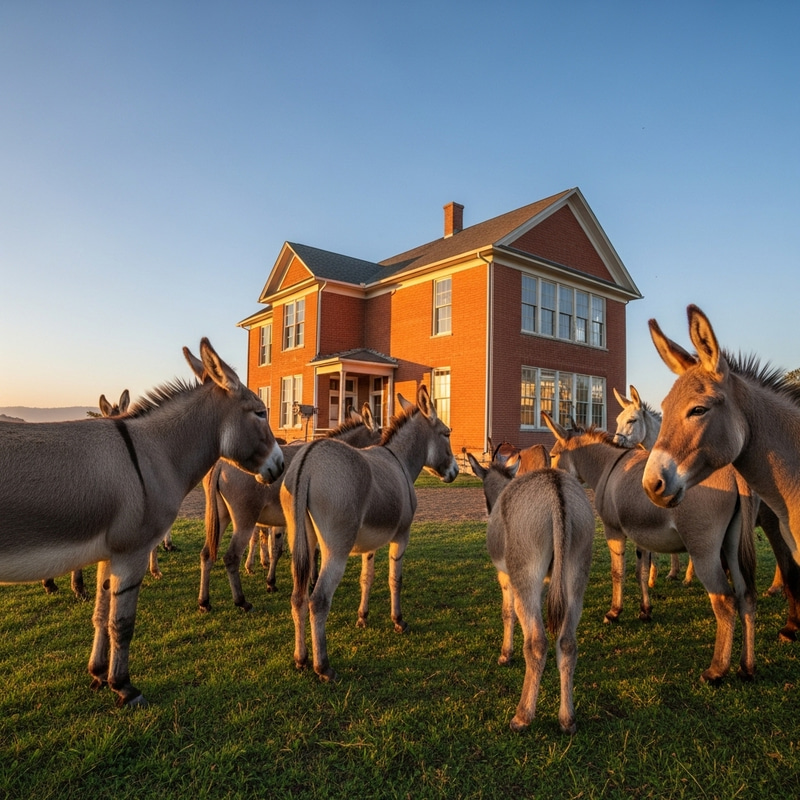 Curious Burros by Schoolhouse | Sunrise Scene Curious Burros by Schoolhouse | Sunrise Scene