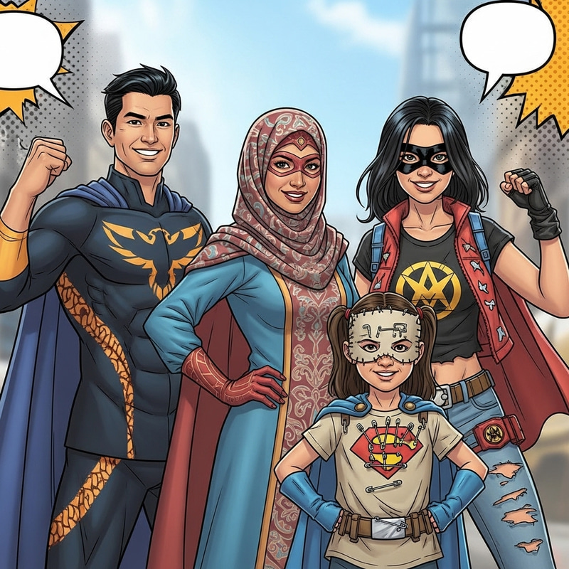 Diverse Superhero Family - Colorful Comic Book Image Diverse Superhero Family - Colorful Comic Book Image