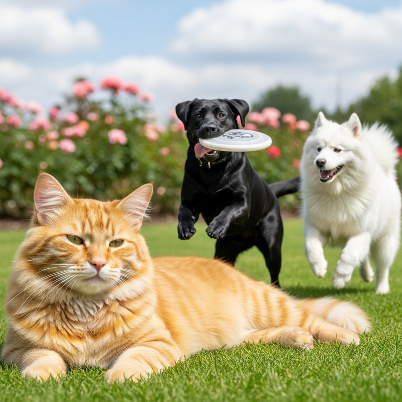 Ginger Cat and Dogs Enjoying Tranquil Outdoor Scene Ginger Cat and Dogs Enjoying Tranquil Outdoor Scene