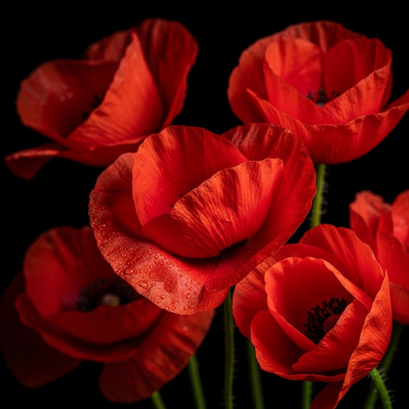 Vivid Red Flowers Against Black Background
