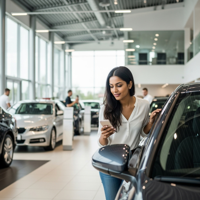 Young Woman in Car Dealership | Explore Your Dream Car Now Young Woman in Car Dealership | Explore Your Dream Car Now