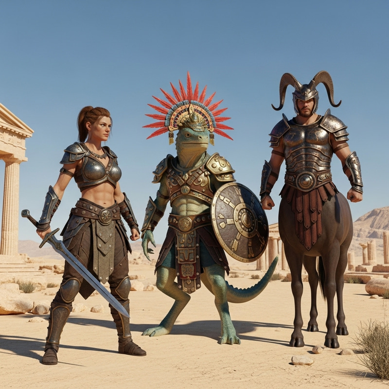 Epic Fantasy Battle: Female Conan, Lizardman, and Centaur in Ancient Desert Ruins Epic Fantasy Battle: Female Conan, Lizardman, and Centaur in Ancient Desert Ruins